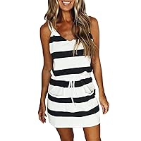 TWGONE Summer Dresses for Women 2023 Casual Striped Spaghetti Strap Mini Sundress American Flag Dress with Pockets