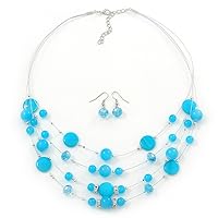 Avalaya Light Blue Coloured Floating Style Shell & Glass Bead Necklace & Drop Earring Set/52cm L/5cm Ext