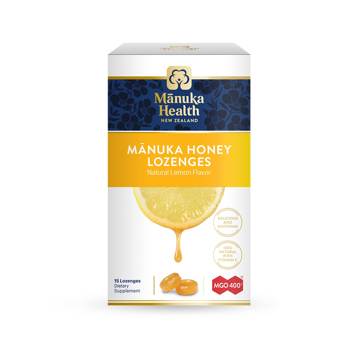 Manuka Health, MGO 400+ Manuka Honey Lozenges with Lemon, 15 lozenges, 2.66 oz, 100% Natural with Vitamin C
