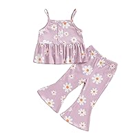 Toddler Baby Girl Clothes Set Solid Ribbed Knit Ruffled Cami Tops with Flare Pants Infant 2Pcs Summer Outfits