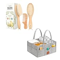 Keababies Baby Hair Brush and Baby Comb Set and Baby Diaper Caddy Organizer - Wooden Baby Brush with Soft Goat Bristle - Large Baby Organizer, Car Storage Organizer