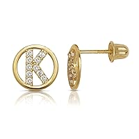 Jewelryweb Solid 14k Yellow Gold Small Cubic Zirconia Circle A-Z Initial Stud Screw-back Earrings