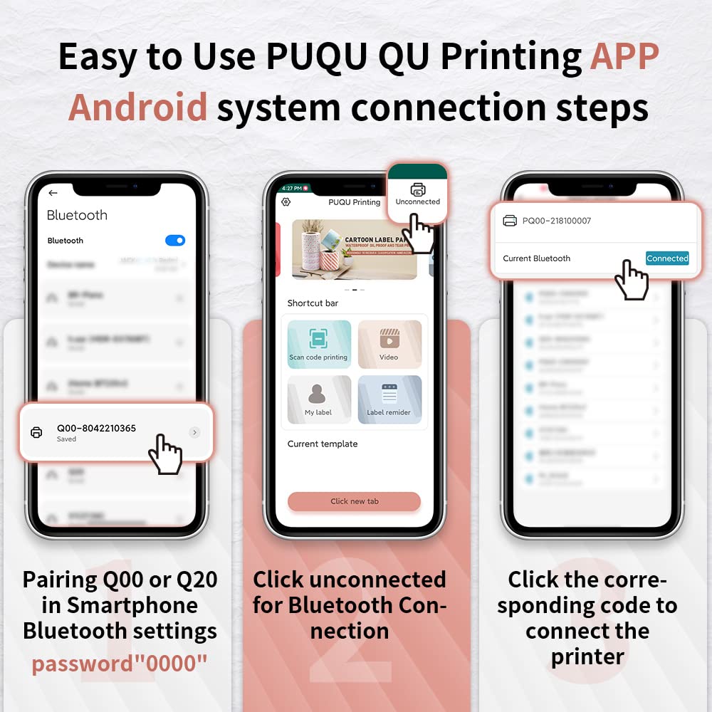 PUQU Label Maker | Portable Bluetooth Thermal Label Printer Q00 with Rechargeable Battery, Apply to Clothing, Jewelry, Retail, Mailing, Barcode and More, Compatible for Android & iOS System