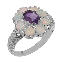 Solid 18k White Gold Natural Amethyst, Opal Womens Cluster Ring - Sizes 4 to 12 Available