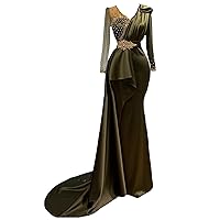 Green Crystals Satin Mermaid V Neck Prom Shower Party Evening Dress Celebrity Pageant Gown for Wedding