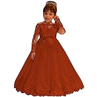 Flower Girl Dresses for Wedding Lace Long Sleeve Tulle Pageant Prom with Bow Burnt Orange Ball Gown Size 6