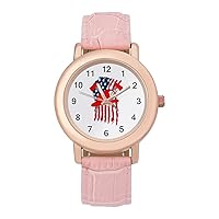 Firemans Axe USA Flag Women's PU Leather Strap Watch Fashion Wristwatches Dress Watch for Home Work