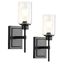 2-Pack Indoor Wall Sconces, Farmhouse Bath Vanity Light Fixtures Wall Mount Lighting, Black Wall Lamps with Seeded Glass Shades for Bedroom Living Room Mirror House Porch