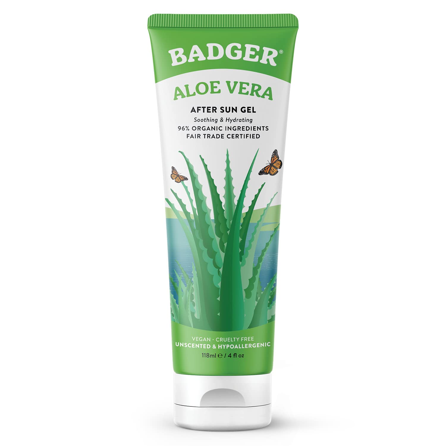 Badger Aloe Vera Gel for Sunburn Relief, Fair Trade & Organic After Sun Care, Pure Cooling Soothing Aloe Vera Gel for Face & Skin, Hypoallergenic & Unscented, 4 fl oz