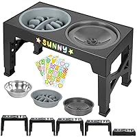 3-in-1 Elevated Slow Feeder Dog Bowls with No Spill Dog Water Bowl + Stainless Steel Dog Food Bowl, Raised Dog Bowl Stand 5 Height Adjustable for Small Medium Large Dogs Black