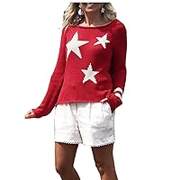 Women American Flag Summer Knit Sweater 4th of July Gift Long Sleeve Loose Outfits Vintage Hollow Out Jumper Top