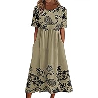 Casual Summer Spring Short Sleeve Midi Dress Trendy Plus Size Smocked Flowy Dress Elegant Formal Vintage Floral Dress