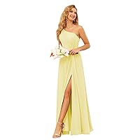SYYS One Shoulder Bridesmaid Dresses with Slit Flowy Chiffon Long Formal Dresses with Pockets SYYS374