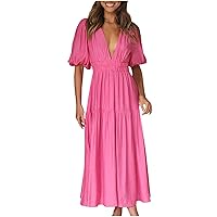 Women's Deep V Neck A-Line Summer Puff Half Sleeve Midi Dresses Smocked High Waist Tiered Flowy Boho Beach Dress