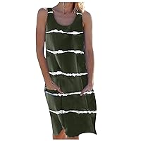Women's Bohemian Sleeveless Knee Length Swing Print Beach Round Neck Glamorous Casual Loose-Fitting Summer Flowy Dress Army Green