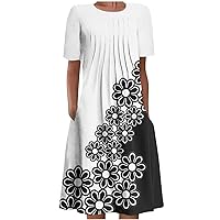 Women's Summer Casual Tshirt Dresses Vintage Floral Boho Dress Crew Neck Short Sleeve Pleated Loose Dress with Pockets