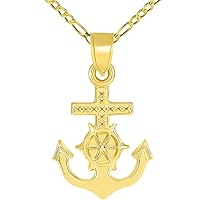 14k Yellow Gold Religious Nautical 3D Mariner's Cross Pendant Figaro Necklace