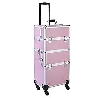3 In 1 Aluminum Professional Rolling Cosmetic Train Case Make Up Storage Organizer Beauty Storage Trolley, Makeup Travel Case with Wheels, Folding Trays and Large Compartments, Pink