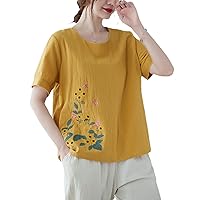 Summer Short-Sleeved t-Shirt Women's Loose T-Shirt Cotton Linen Embroidery Flower Round Neck top