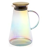 Paris Hilton Iridescent Glass Pitcher with Gold Lid, Rainbow Finish on Temperature Safe Glass, Two Way Pour Lid with Anti-Drip Spout, Made without BPA, 1.8-Liters/60-Ounce, Rainbow Iridescent