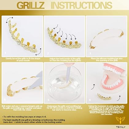 Gold Grillz Teeth Set CZ Diamonds Grillz 24k Plated Gold Top & Bottom Grill Hip Hop Bling Iced Out Grillz For Son + Extra Molding Bars + Microfiber Cloth