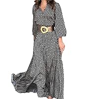 Women Casual Print Dresses V-Neck Long Sleeve Belt A-Line Ankle-Length Dress