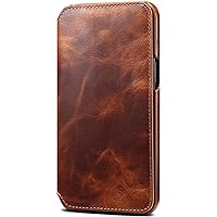Oil Wax Cowhide Flip Phone Cover, for Apple iPhone 14 (2022) 6.1 Inch Retro Folio Case Wallet [Card Holder] Holster (Color : Brown)