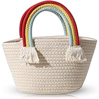 Medium Handmade Cotton Woven Handbag for Gril's, Cute Women Summer Beach Tote Bag Crossbody with Tassel Rainbow Handle