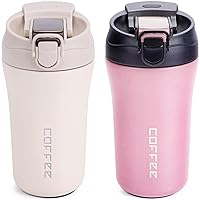 Travel Coffee Mug, 2 Pack 14 oz Vacuum Insulated Coffee Travel Mug Spill Proof with Lid and Straw, Reusable Coffee Tumbler for Keep Hot/Ice Coffee,Tea and Beer, Car Thermos Cup Gift