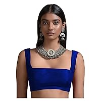 Women's Readymade Banglori Silk Royal Blue Blouse For Sarees Indian Bollywood Designer Padded Stitched Choli Crop Top