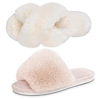 Parlovable Set of 2 Pairs-Women's Furry Slippers Cross Band (Cream) & Open Toe (Beige) Slippers Plush Fur Cozy Comfy House Bedroom Shoes Indoor, US Size 9-10