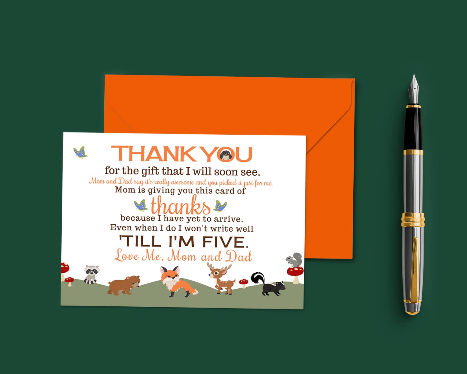Woodland Baby Shower Thank You Cards with Envelopes (15 Pack) Prefilled Thanks from Boy or Girl – Individual Rustic Notecards for Babies Registry Gifts – Neutral Theme Orange