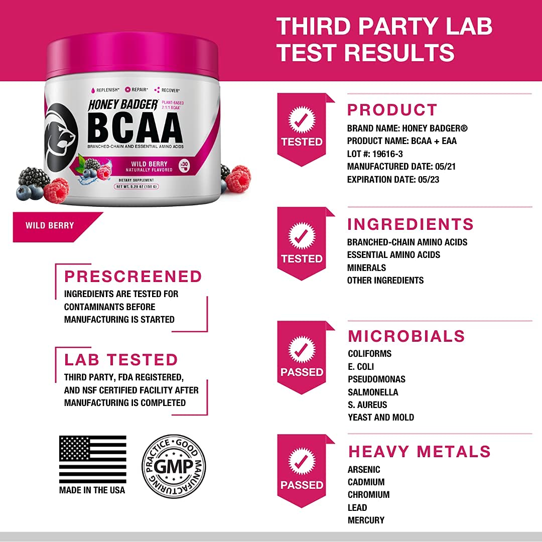 Honey Badger Pre Workout Powder & BCAA Amino Acids Powder Bundle | Beta Alanine, Caffeine & Vitamin C + Electrolytes | Vegan Keto Sugar Free & Paleo for Men & Women | 30 Servings (Wild Berry)