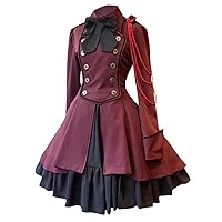 Womens Lolita Gothic Dress Vintage Bow Ruffle Steampunk Dress Long Sleeve Short Renaissance Plus Size Cosplay Dresses
