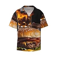 Delicious Meat Burger Men's Summer Short-Sleeved Shirts, Casual Shirts, Loose Fit with Pockets