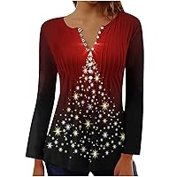Sparkly Xmas Shirts for Women V Neck Button Henley Tops Christmas Print Long Sleeve Blouse Hide Belly Pleated Top