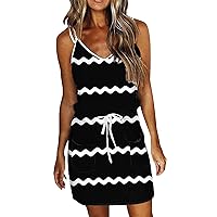 Sundresses for Women,2024 Summer Casual Sling V Neck Mini Dress,Loose Trendy Striped Drawstring T Shirt Dress with Pockets