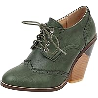 SHEMEE Women's Chunky High Heel Wingtip Oxfords Round Toe Lace Up Block Heels Vintage Brogues Pumps Shoes