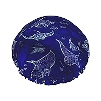 Manta Ray and Fish Print Stylish Reusable Shower Cap With Lining And Elastic Band for all Hair Lengths