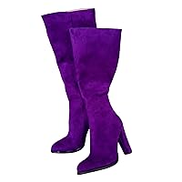 Frankie Hsu Ladies Girls Sexy Unisex Chunky Block Knee High Middle Heeled Wide Calf Long Boots, Purple Suede Style, Big Large Size US4-14 Fringe Cowgirl Shoes For Women Men