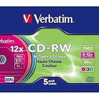 Verbatim CD-RW 700 MB, Pack of 5 Slim Case, Colourful, CD Blanks Writable, 52x Burning Speed with Long Life, Blank CDs, Audio CD Blank Rewritable, CD Empty