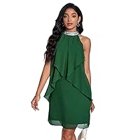 Dresses for Women - Elegant Dark Green Contrast Sequin Halter Neck Ruffle Trim Chiffon Dress