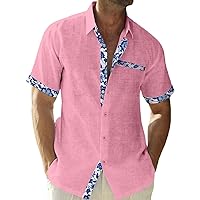 QIVICIMA Men's Hawaiian Shirt Linen Short Sleeve White Pink Sky Blue Button Down Shirt Casual Print Shirts