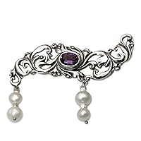 NOVICA Handmade Cultured Freshwater Pearl Amethyst Brooch Pin .925 Sterling Silver Purple White Indonesia Birthstone [1.6 in L x 2.1 in W] 'Misty Dew'