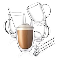 Double Wall Glass Coffee Mugs, Glass Coffee Mugs with Handle, Insulated Clear Coffee Mugs Set of 4, Perfect for Espresso, Cappuccino, Latte, Americano, Tea Bag, Beverage -12 Ounces