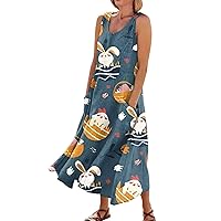 Flash Deals Today Easter Dress for Women 2024 Bunny Print Casual Loose Fit Spaghetti Strap with U Neck Sleeveless Flowy Dresses Gray X-Large
