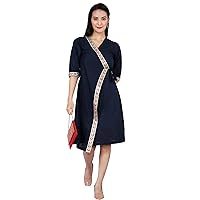 Women's Cotton Linen Midi Blue Dress