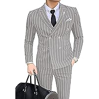 LinbosMen's Pinstripe Suit Slim Fit 2 Pieces Double-Breasted Blazer Pant for Wedding Business (Blazer+Pant)