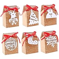 Ckuakiwu Christmas Candy Boxes, 24pcs Kraft Paper Christmas Treat Boxes with Xmas Theme Tags & Ribbon, Christmas Gift Box for Cookie Candy(12x7x18.5cm)