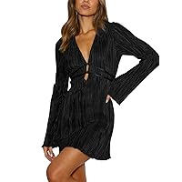 CALEBGAR Women's Long Sleeve Pleated Mini Dress Casual V Neck Plisse Flared Dresses with Belt Cocktail Party Clubwear